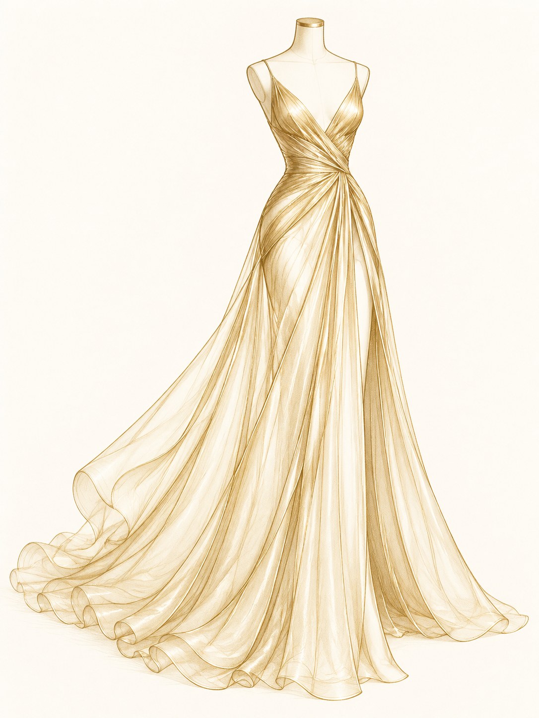 Gold line illustration of an evening gown