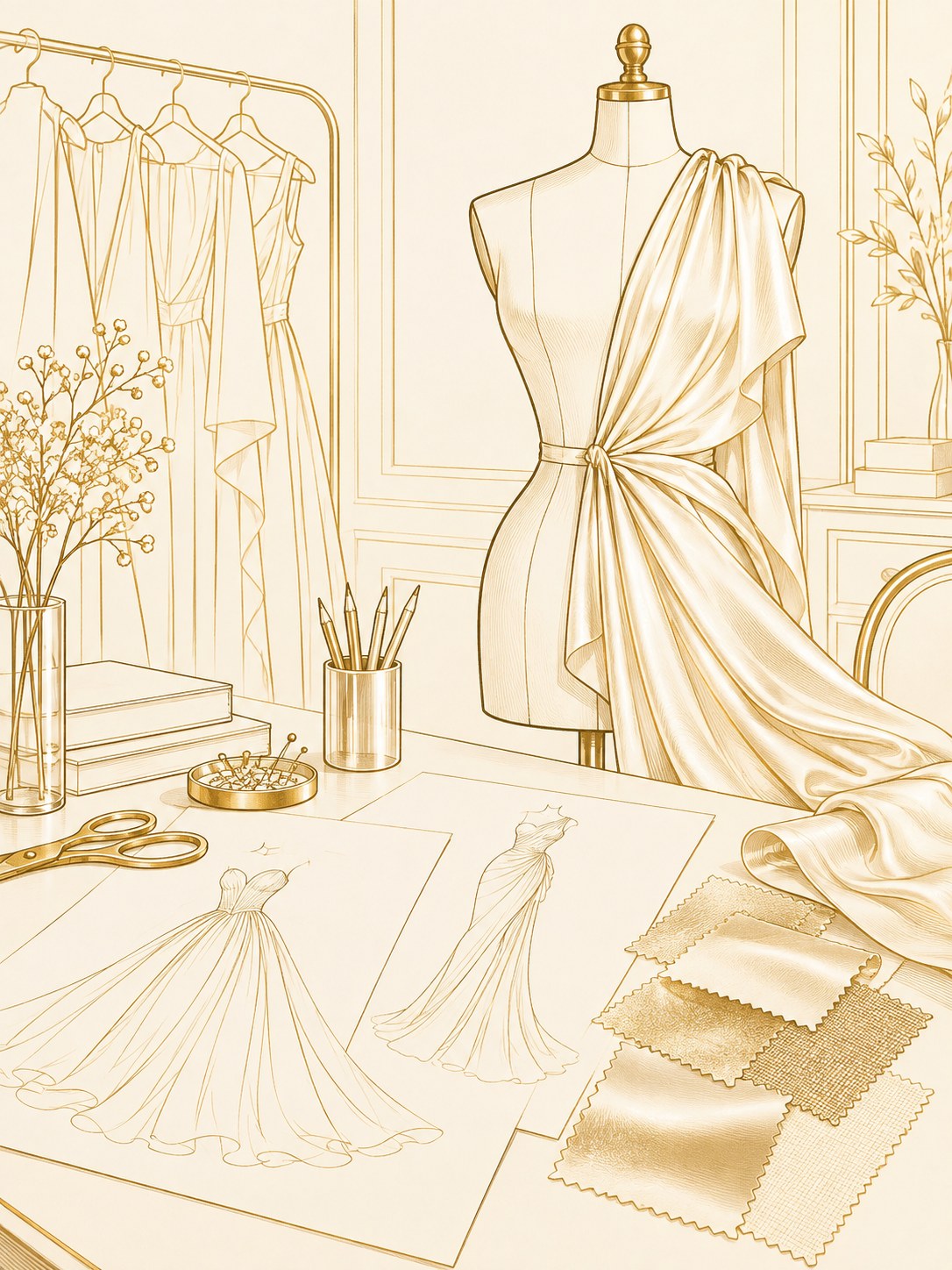 Gold line illustration of a designer's atelier
